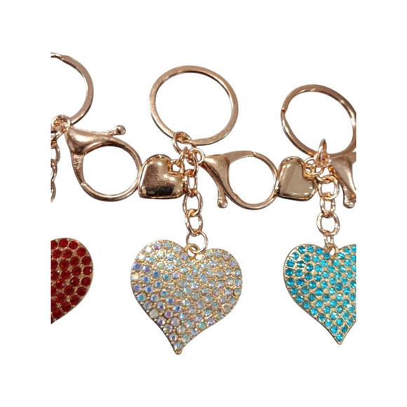 SET Of 6! Dazzling Rhinestone Heart Keychain Purse Charm Gold Tone - Picture 7 of 15